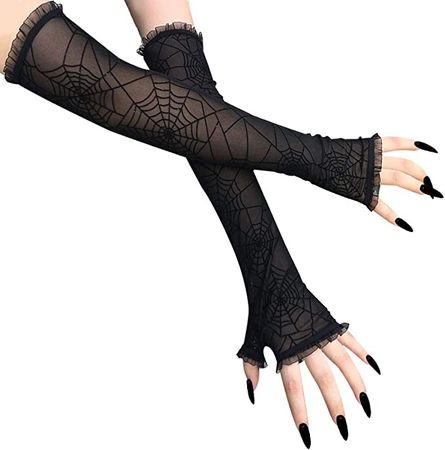 Spider Wed Halloween Black Long Fingerless Gloves Women Costume Accesorry : Amazon.co.uk: Fashion