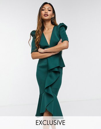 True Violet puff shoulder plunge ruffle front midi dress in forest green | ASOS