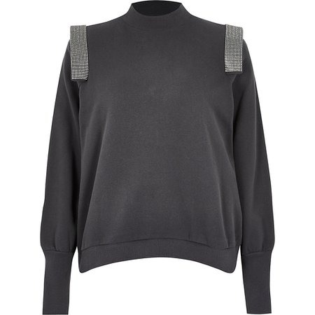 Grey diamante strip puff sleeve sweatshirt | River Island