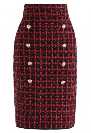 Buttons Decorated Grid Pencil Midi Skirt in Red - NEW ARRIVALS - Retro, Indie and Unique Fashion