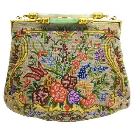 An exquisite Art Deco petit point bag, with a double jade bar clasp, 1920s. For Sale at 1stDibs