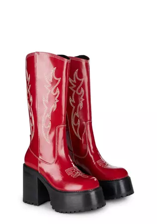 Current Mood Decorative Stitched Western Boots - Red – Dolls Kill