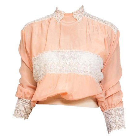 Edwardian Peach Rayon and Lace Entirely Hand Stitched Blouse For Sale at 1stDibs