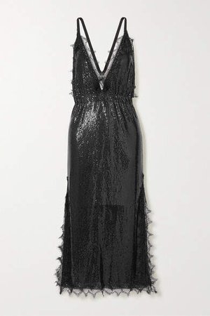 Lace-trimmed Chainmail Midi Dress - Black