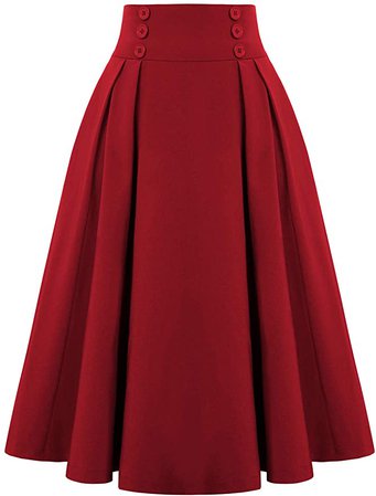 Women's Flared A line Pocket Skirt High Waist Pleated Midi Skirt, Wine Red S at Amazon Women’s Clothing store