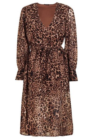 Wrap Front Leopard Print Midi Dress | Boohoo