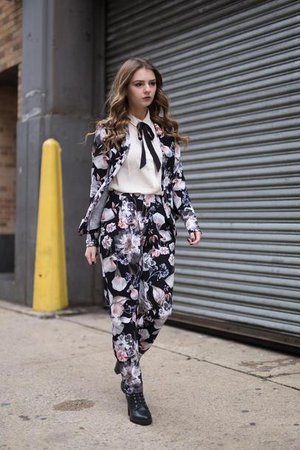 pants, nyfw 2017, fashion week 2017, fashion week, streetstyle, floral, floral pants, shirt, white shirt, blazer, printed blazer, boots, black boots, high heels boots, power suit, two piece pantsuits - Wheretoget