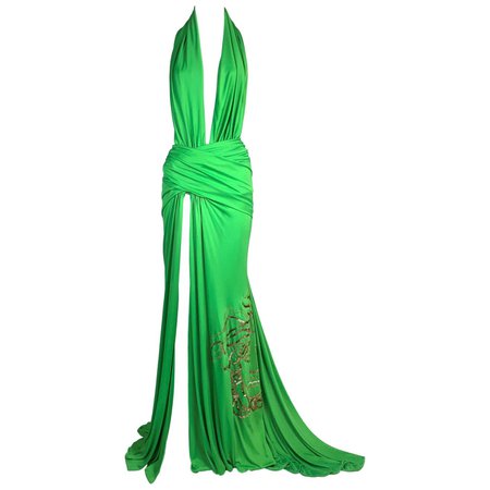 S/S 2000 Gianni Versace Runway Plunging Green High Slit Maxi Dress For Sale at 1stDibs
