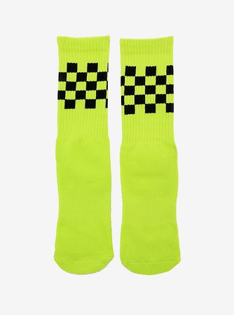Neon Green With Black Checkered Crew Socks