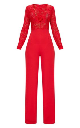 Red Lace Long Sleeve Plunge Jumpsuit | PrettyLittleThing USA