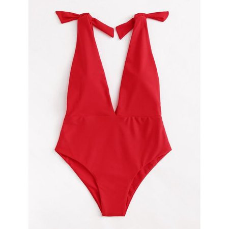 Deep V Plunge Knot Swimsuit RED