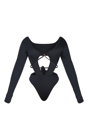 Shape Black Rib Cut Out Ring Detail Bodysuit | PrettyLittleThing USA