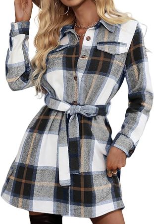 ZWRXW Womens Plaid Shirts Dress Flannel Fashion Long Sleeve Lapel Button Down Tartan Long Coats Fall Mini Dress with Belt at Amazon Women’s Clothing store