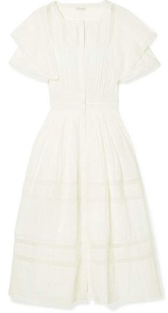 Callie Ruffled Crocheted Lace-trimmed Cotton Midi Dress - White