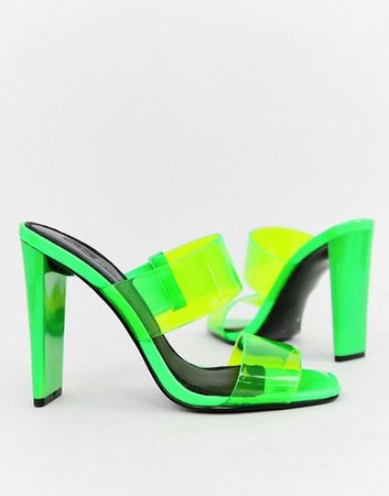 Neon please. // ASOS DESIGN | ASOS DESIGN Hayward clear block heeled mule in neon green | Neon heels, Green shoes