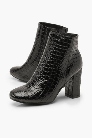 Croc Patent Block Heel Shoe Boots | Boohoo