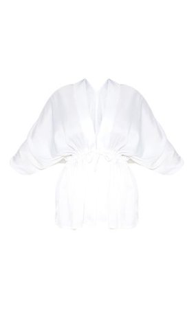 White Textured Woven Plunge Tie Waist Blouse | PrettyLittleThing