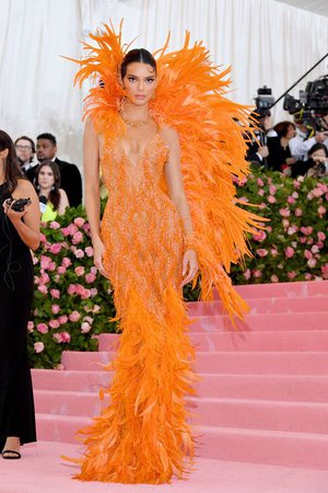 Kendall Jenner Wears Orange Feathered Dress to Met Gala 2019