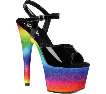 Womens Pleaser Adore 709WR Heeled Sandal - Black Patent/Rainbow Glitter Synthetic - FREE Shipping & Exchanges