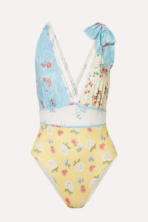 Millicent Bow-embellished Patchwork Swimsuit - Pastel yellow