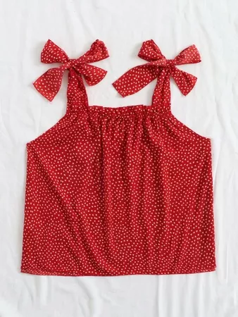Heart Print Frill Trim Knotted Tank Top | SHEIN USA red