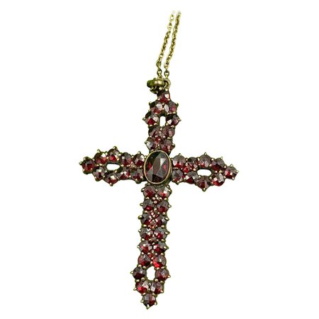 Bohemian Garnet Cross Pendant Necklace Antique Victorian For Sale at 1stDibs