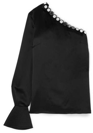 One-sleeve Embellished Satin Top - Black