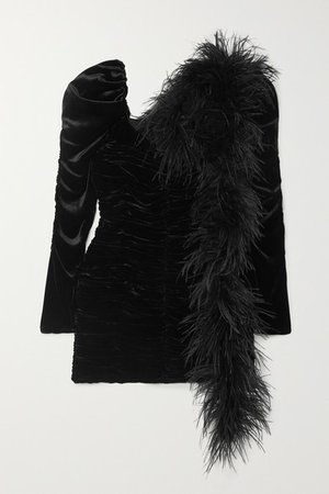 Magda Butrym | Tefe feather-embellished ruched velvet mini dress | NET-A-PORTER.COM