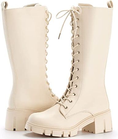 Amazon.com | TINSTREE Women's Knee High Platform Boots Buckle Leather Lace Up Combat Booties,Side Zip-up Mid-Calf Boots | Mid-Calf