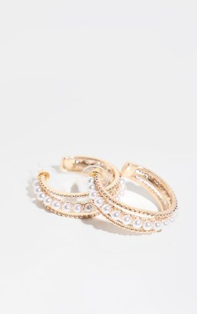Gold Pearl Detail Small Hoop Earrings | PrettyLittleThing