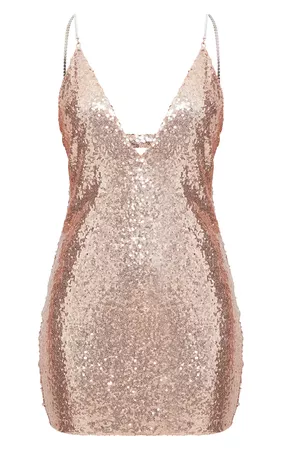 Rose Gold Chain Strap Sequin Plunge Bodycon Dress | PrettyLittleThing USA