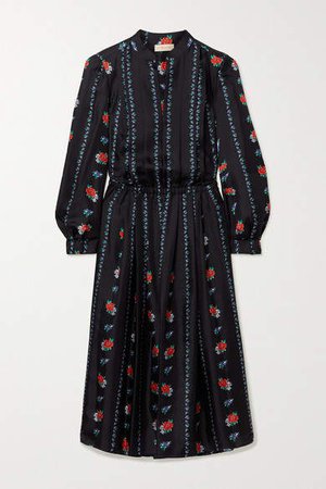 Pleated Floral-print Silk-satin Twill Midi Dress - Navy