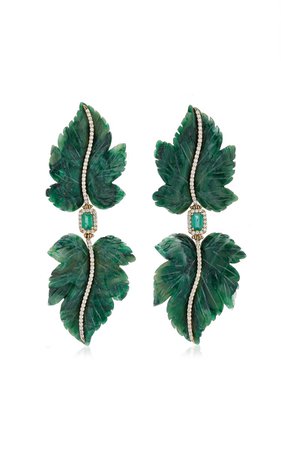 Double Leaf 18k Yellow Gold Jade, Emerald, Diamond Earrings By Casa Castro | Moda Operandi