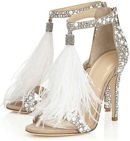 Amazon.com | Hinyyrin Women's Tassels Rhinestone Heeled Sandals Wedding Dress White Sandals Stiletto Heel Pearl Size 9.5. | Heeled Sandals