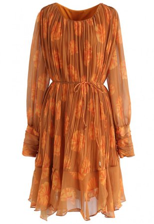 Floral Sheer Sleeves Pleated Chiffon Dress in Orange - NEW ARRIVALS - Retro, Indie and Unique Fashion