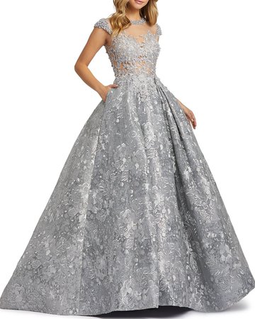 Mac Duggal Floral Embroidered & Pearly Bead Trim Illusion Ball Gown | Neiman Marcus