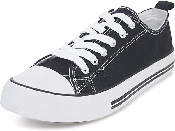 Amazon.com | The Fashion Supply Low Top Cap Toe Women Sneakers Tennis Canvas Shoes Casual Shoes for Women Flats Black/White | Fashion Sneakers