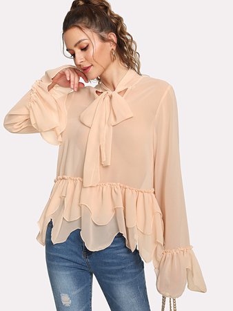 Fluted Sleeve Tie Neck Blouse