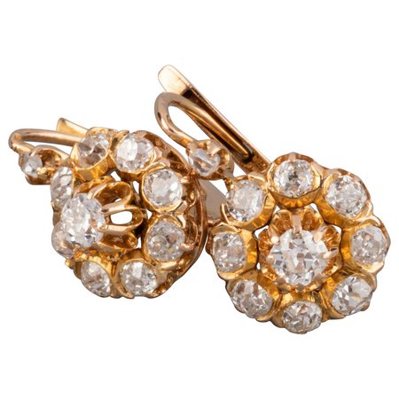 Gold and 1 Carat Diamond Antique French Earrings For Sale at 1stDibs