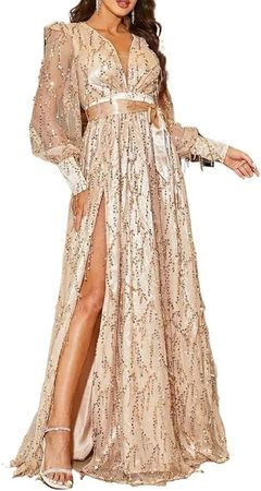 Amazon.com: TUMAHE Women's Deep V-Neck Sequin Long Sleeved Dress with Slit Extra Long Party Cocktail Evening Dress : Clothing, Shoes & Jewelry