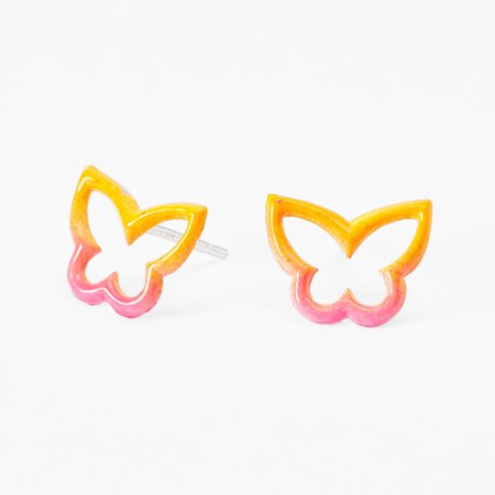Sterling Silver Butterfly Outline Stud Earrings - Yellow/Pink | Claire's