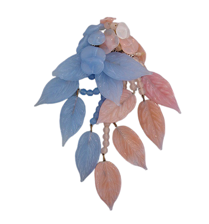 1940s MIRIAM HASKELL pink and blue glass leaves and beads fur clip, Frank Hess design