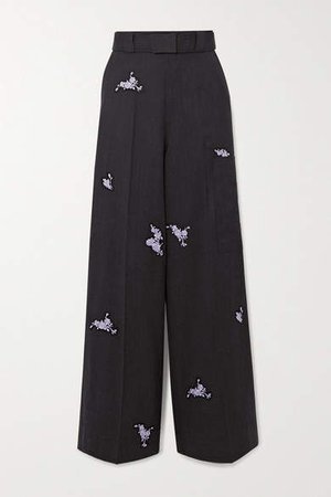 Belted Embroidered Wool Wide-leg Pants - Black