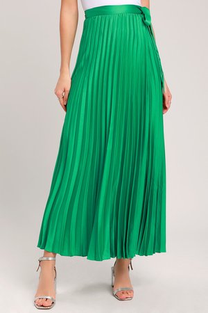 Green Wrap Skirt - Pleated Maxi Wrap Skirt - Satin Maxi Skirt
