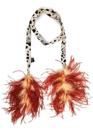 Feather-embellished printed silk scarf