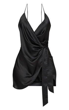 Black Satin Halterneck Wrap Bodycon Dress | PrettyLittleThing USA