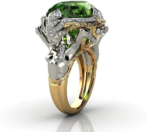 Amazon.com: Vintage Two-Tone Emerald Ring Shiny Full Diamond Mermaid Oval Cut Large Green Cubic Zirconia Exaggerated Ring Eternity Engagement Wedding Band Ring for Women (9) : Clothing, Shoes & Jewelry
