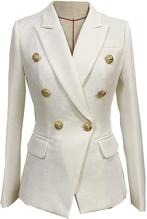 Women's Silver Lion Buttons Blazer Jacket, Double Breasted Blazer Outerwear White M at Amazon Women’s Clothing store