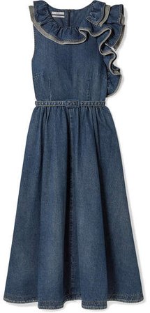 Belted Ruffled Denim Midi Dress - Blue