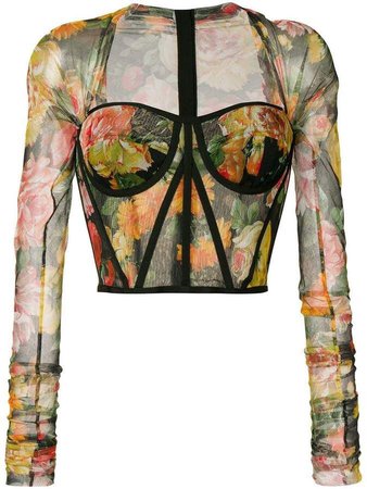 black and floral sheer cropped shirt